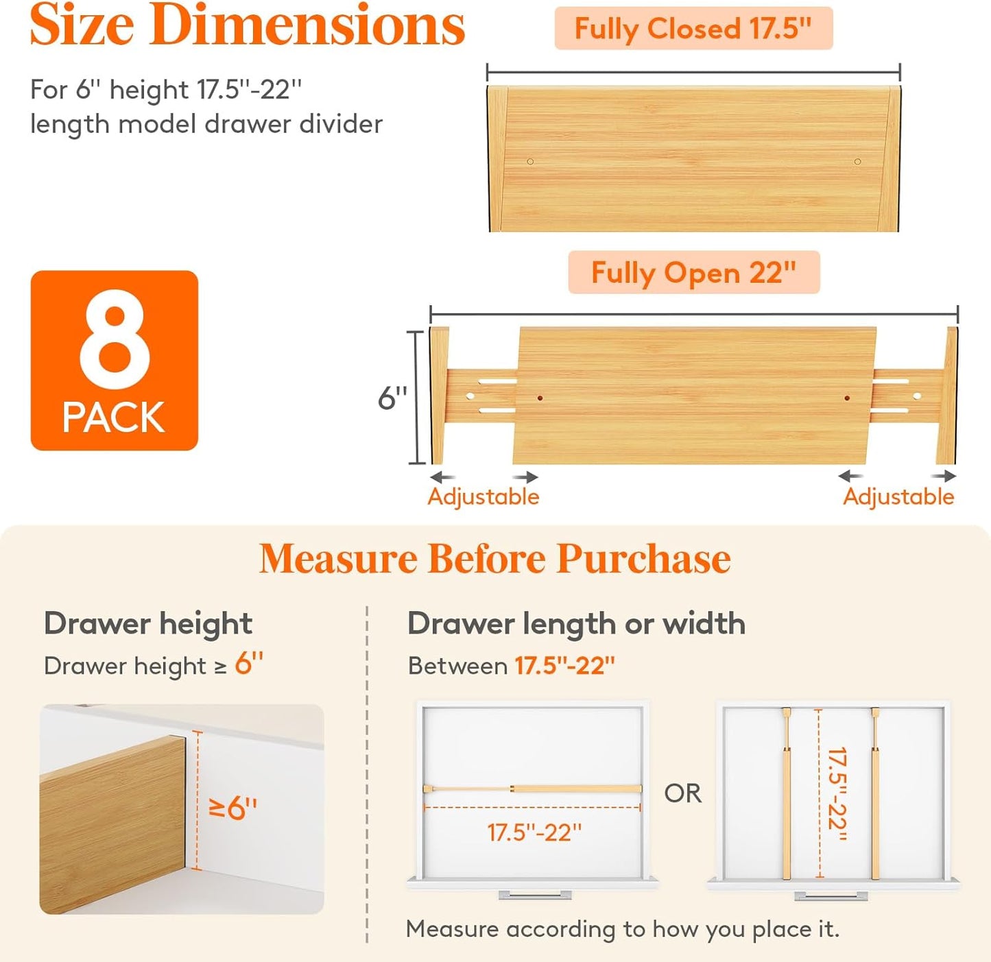 6" High 8 Pack Bamboo Drawer Dividers 45-55cm/17.5-22" Adjustable Wooden Drawer Organizer for Clothes/Utensils, Expandable Drawer Separator for Dresser/Kitchen/Bedroom/Office Organization
