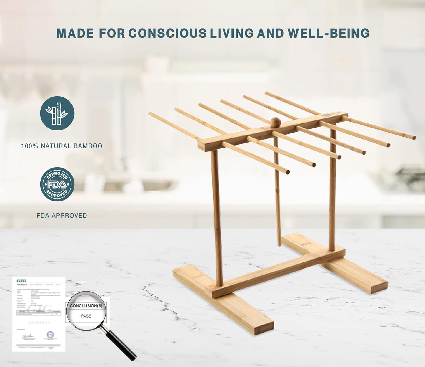 Bamboo Pasta Drying Rack with Transfer Wand and 12 Bars