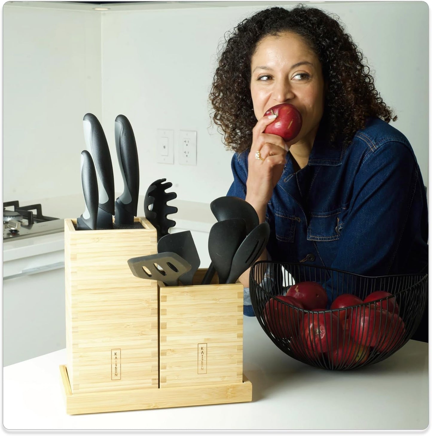 KAIZEN Bamboo Knife Block Without Knives - Perfectly Sized Universal Knife Holder for Knives
