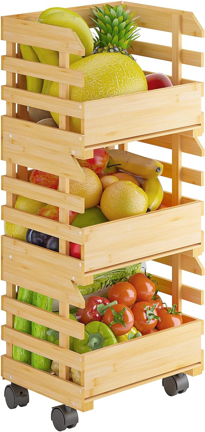Bamboo Fruit Basket Stand, Potato and Onion Storage Cart, 3-Tier Fruit Basket with Wheels
