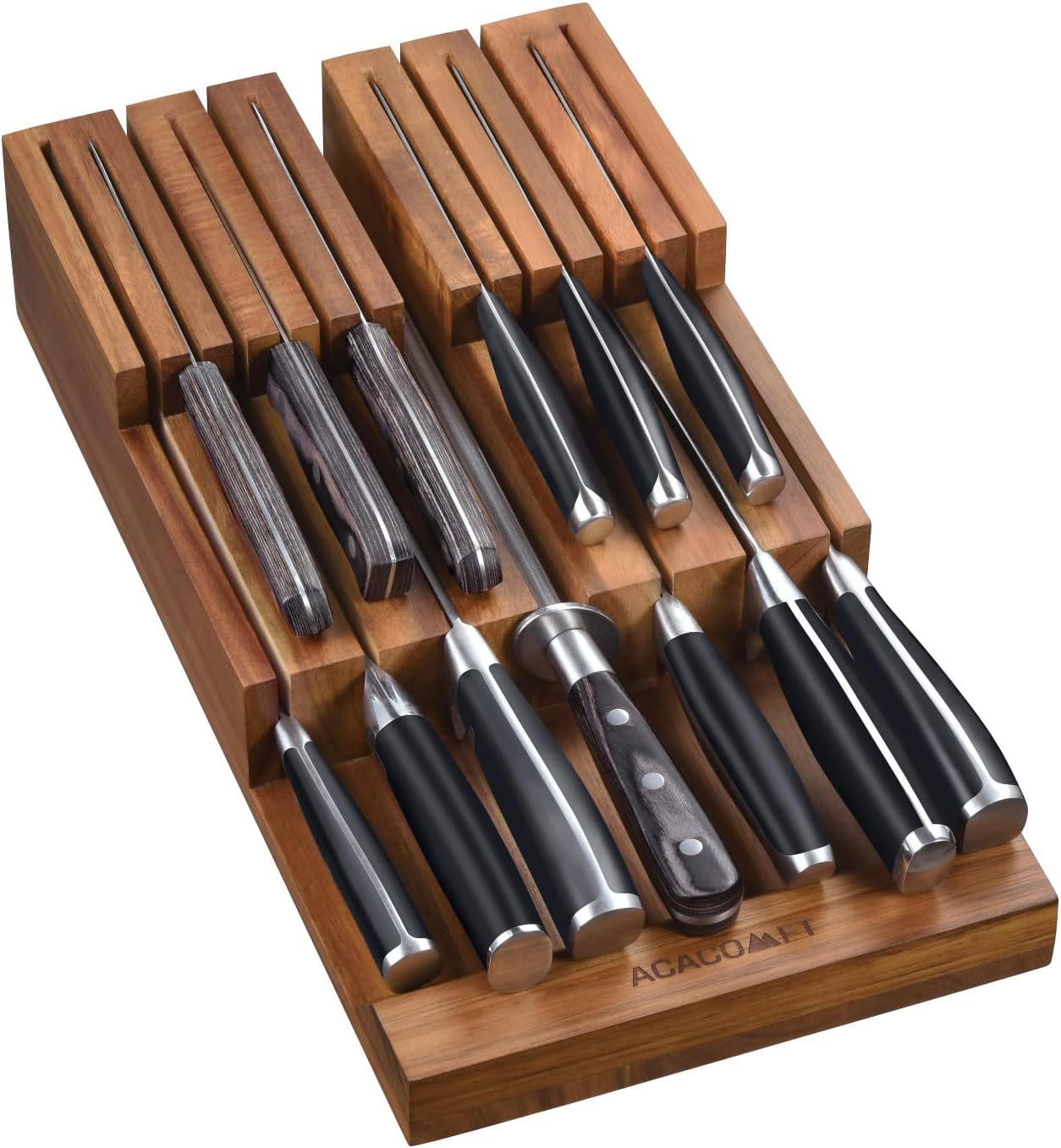 In-Drawer Knife Block, Acacia Wood Kitchen Knife Drawer Organizer