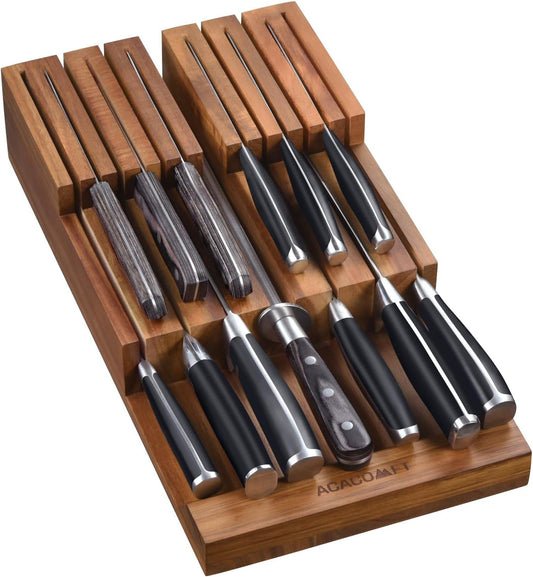 In-Drawer Knife Block, Acacia Wood Kitchen Knife Drawer Organizer
