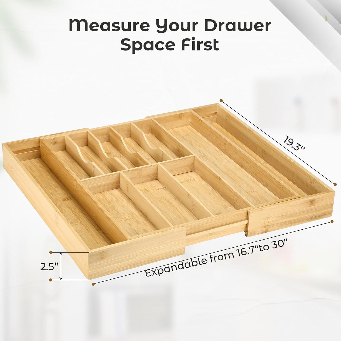 Silverware Organizer for Cabinet Drawer, Expandable from 16.7'' to 30'' Wide Bamboo Wood Flatware Tray for Large Kitchen Drawers, Cutlery Utensil Holder
