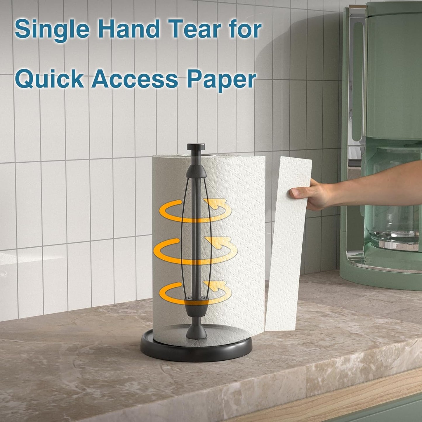 Paper Towel Holder Countertop, One-Handed Tear, Stainless Steel, Weighted Base, Black