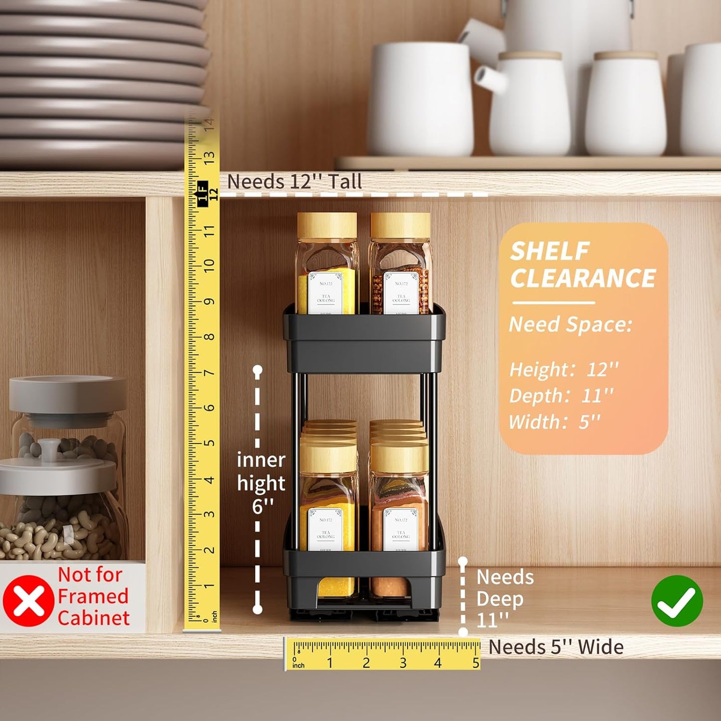 Pull Out Spice Rack Organizer for Cabinet, 3 Packs Slide Out Spice Racks Organizer