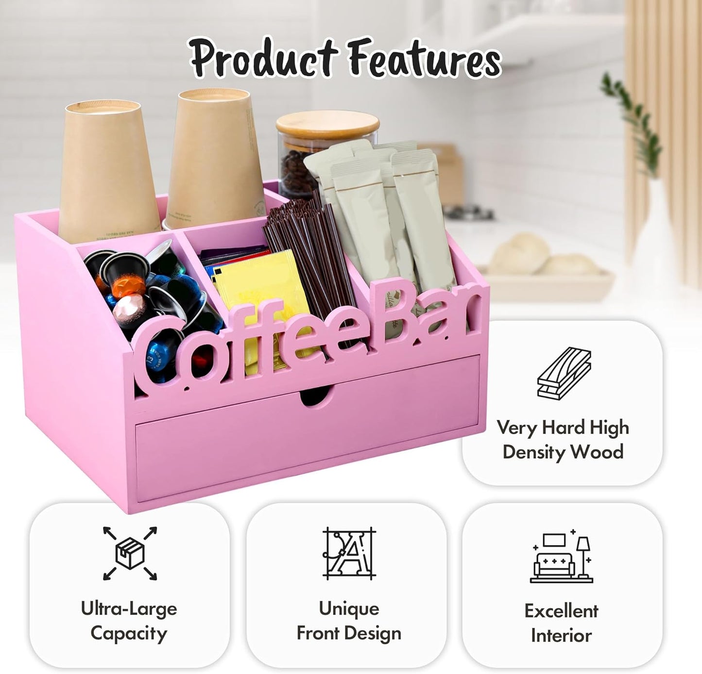 Coffee Bar Organizer for Countertop – Wooden Coffee Station, Tea and K Cup, Condiment Storage Rack, Coffee Pod Holder for Home and Office Counter Organization (Drawer - Pink)