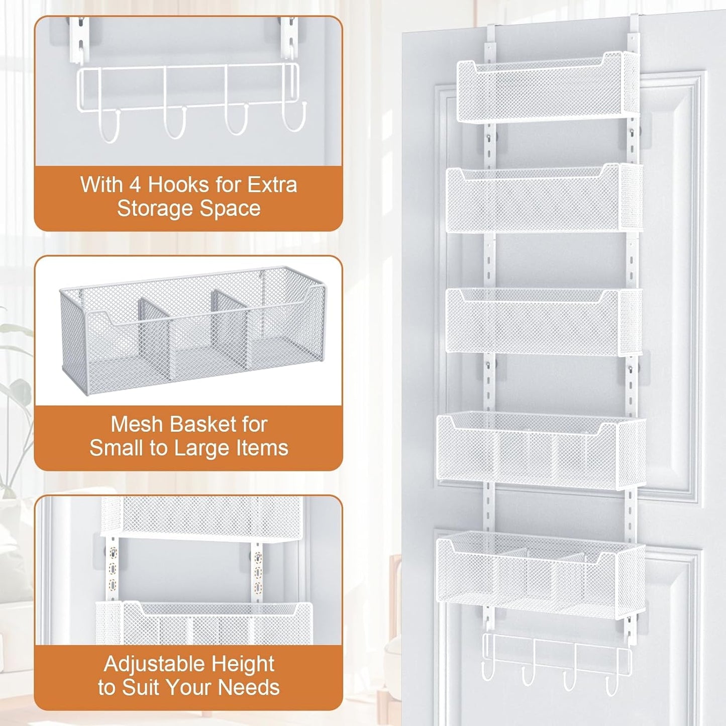 Over The Door Organizer, Metal Door Organizer Hanging with 5 Adjustable Baskets and Coat Hook