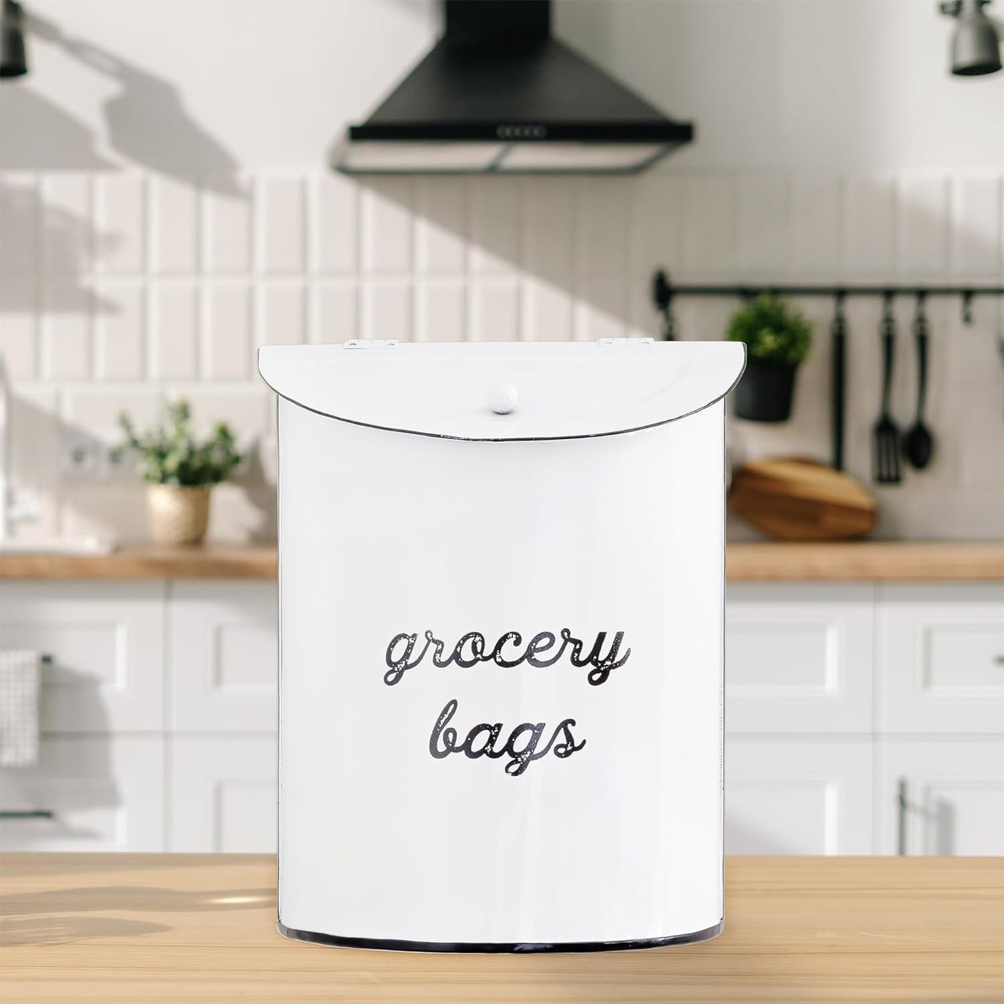 Rustic Grocery Bag Holder; Wall-Mounted Vintage Enamelware Farmhouse Style Plastic Bag Dispenser for Kitchen or Laundry Room