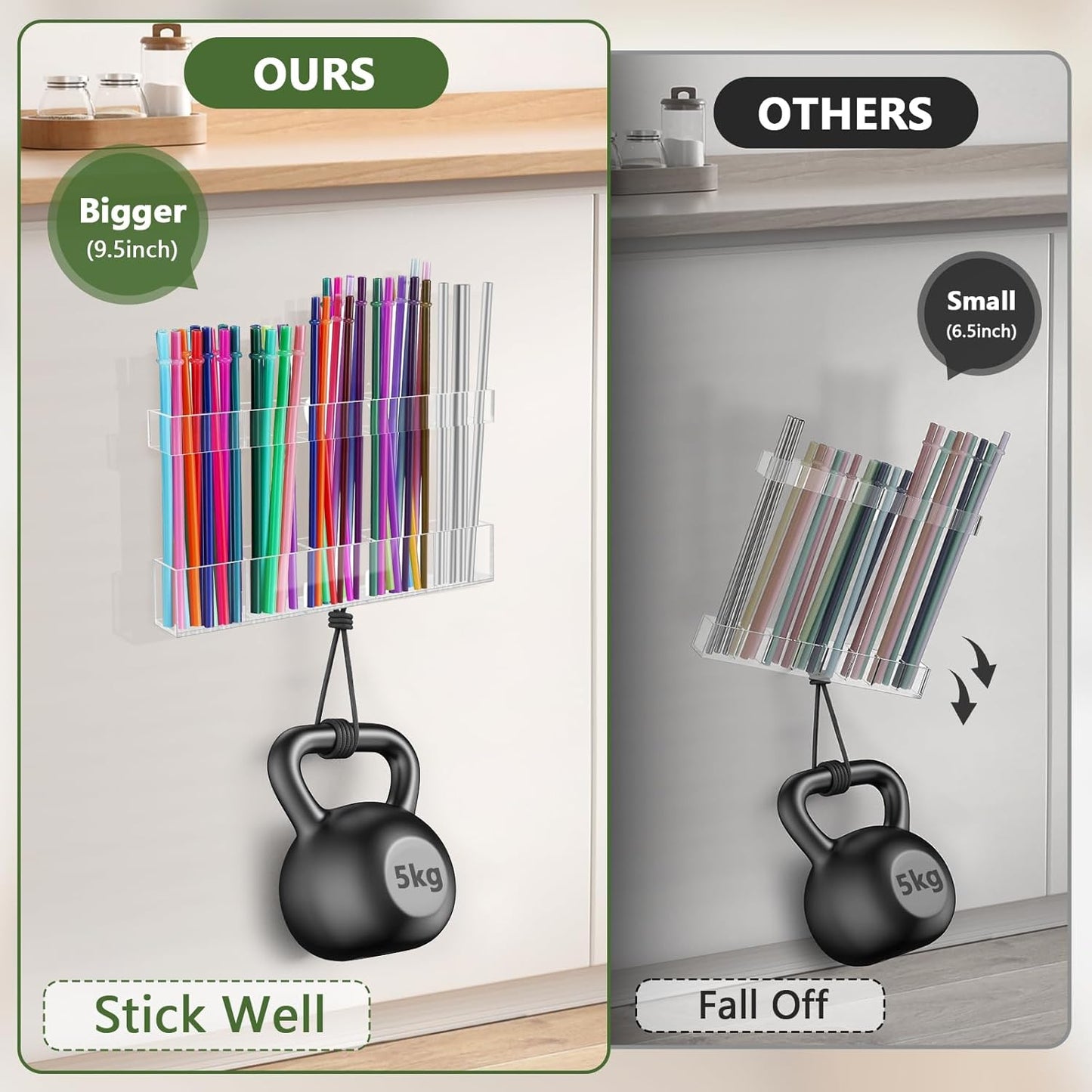 9.5" Large Acrylic Straw Holder for Cabinet Door - Reusable Tumbler Straw Organizer Storage