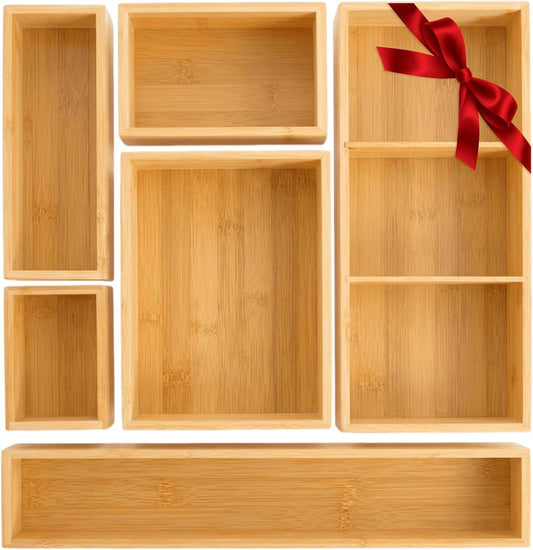 Set of 6 Bamboo Drawer Organizer Storage Box, Adjustable Cutlery Drawer Organizer