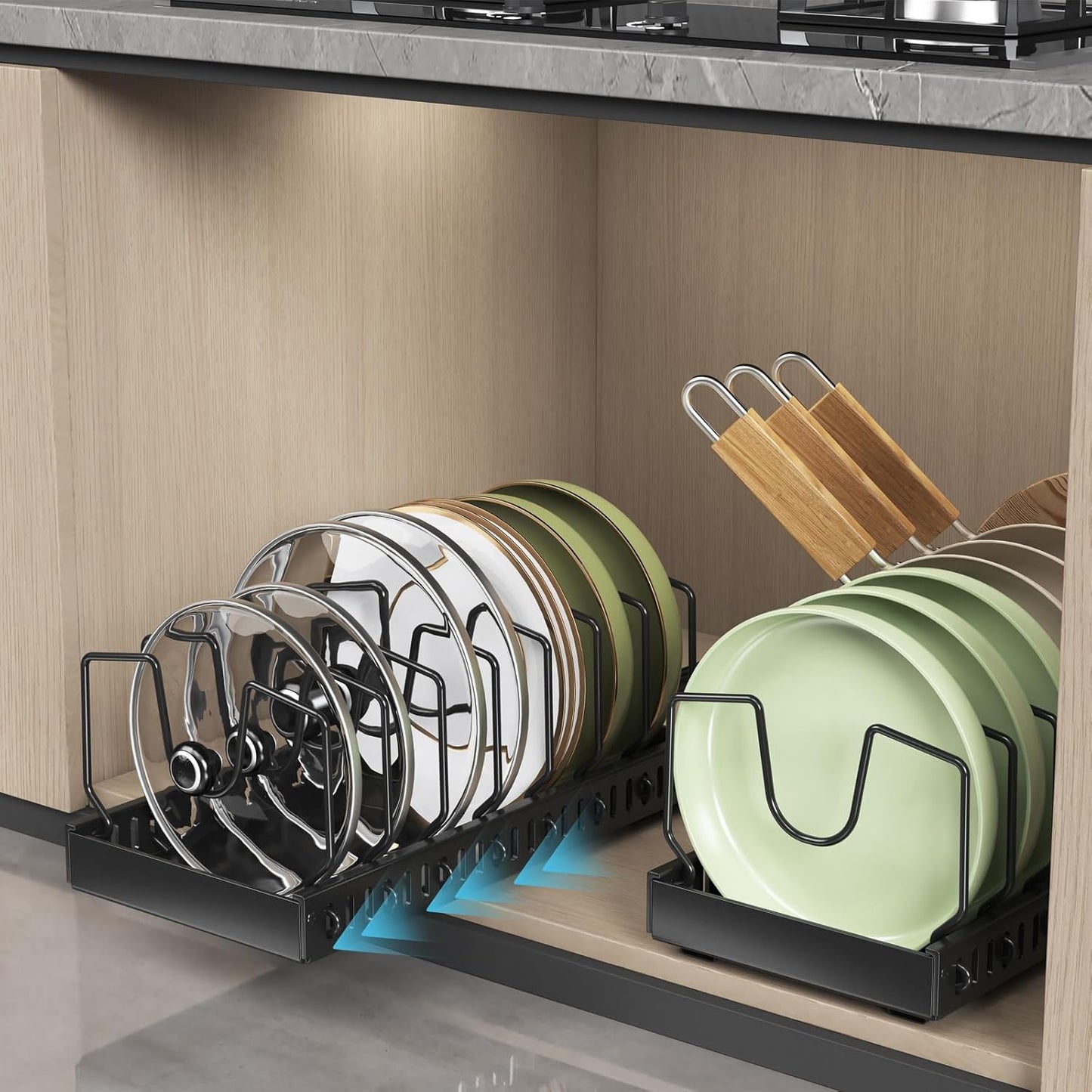 2PCS Black Pot Lid Organizer, Pull-out Pots and Pans Organizer