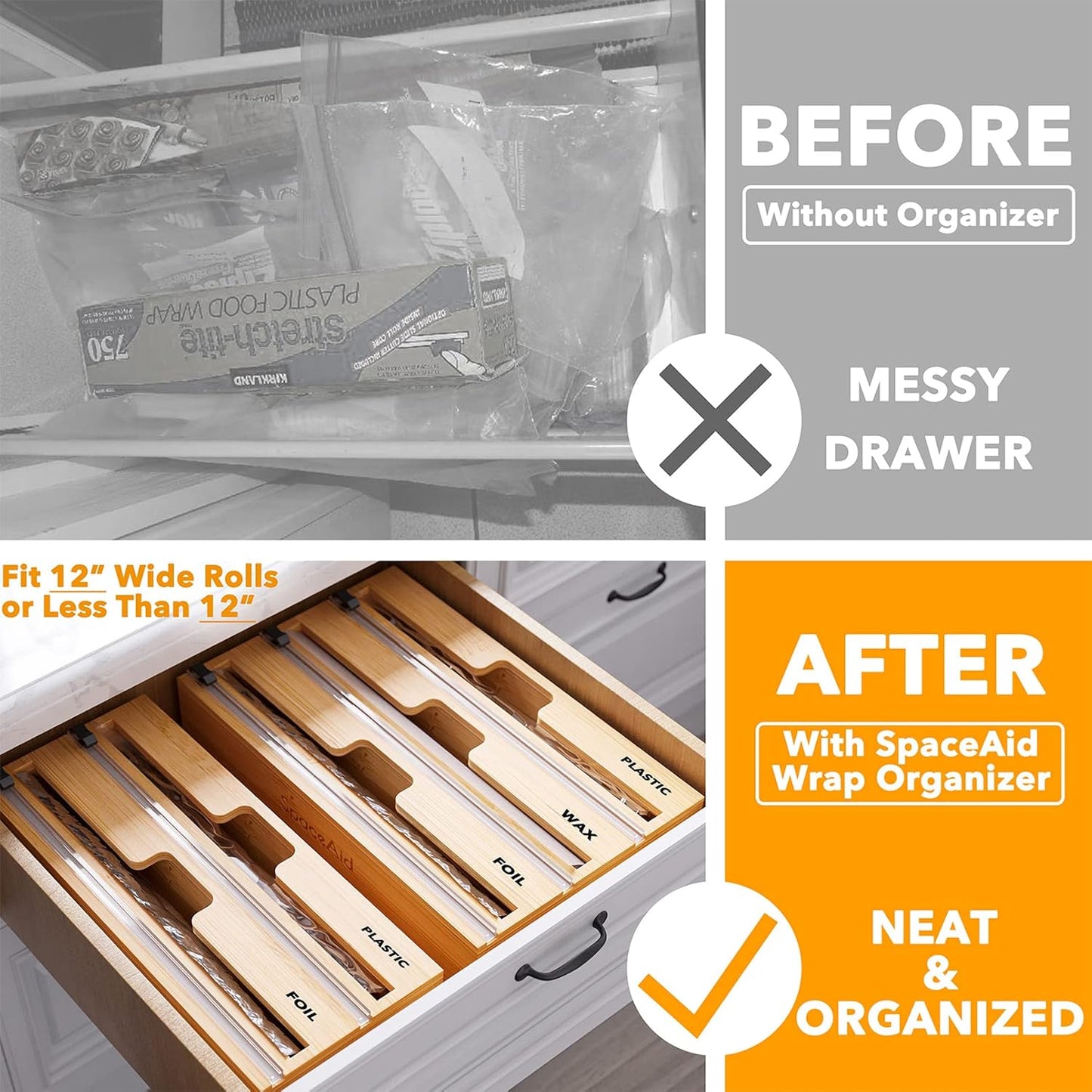 WrapNeat 3 in 1 Wrap Organizer with Cutter and Labels, Plastic Wrap