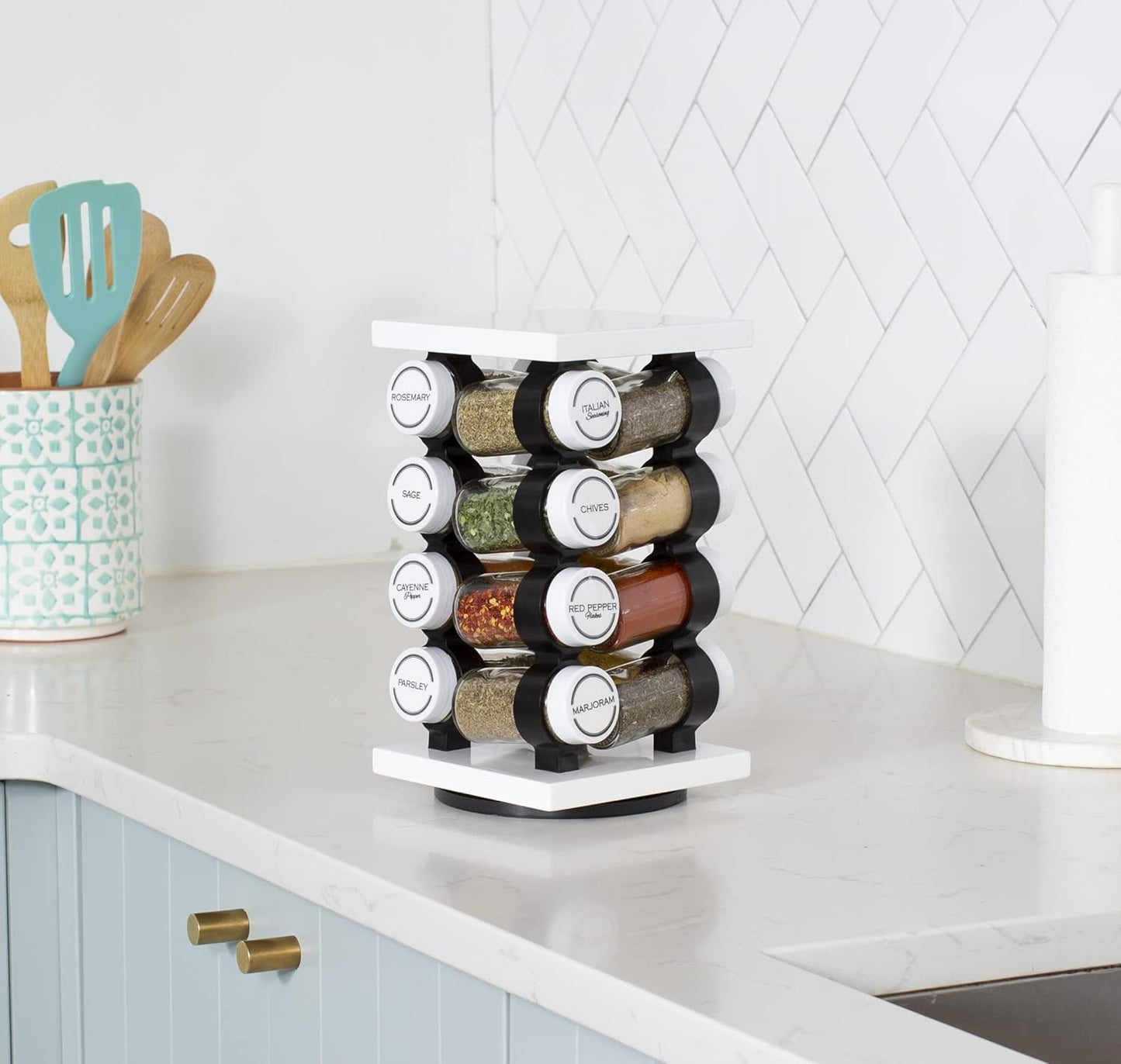 16 Jar Rotating White Spice Rack with Spices Included & 5-Year Spice Refill Program – Compact Countertop Spice Rack with Glass Jars