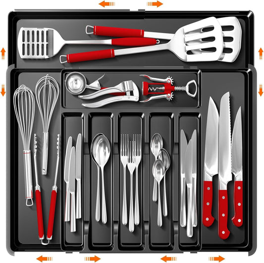 Large Silverware Organizer, Expandable BPA Free Kitchen Silverware Drawer Organizer