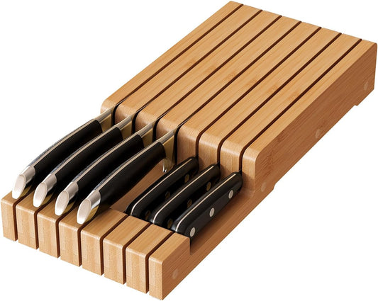 In-Drawer Bamboo knife block,Drawer Knife Storage Steak Knife Holder Without Knives,Holds up to 7 Knives(Not Include)