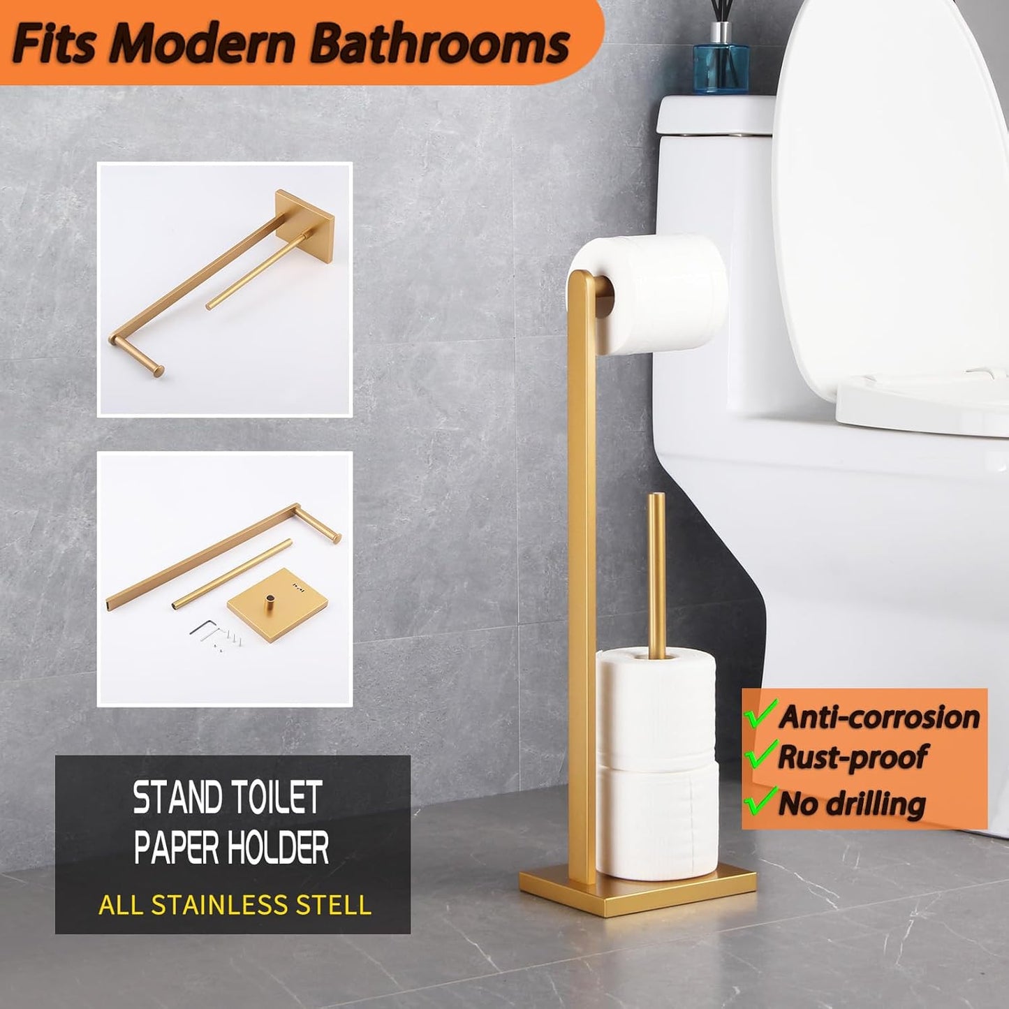 Gold Toilet Paper Holder Free Standing with Reserve SUS 304 Stainless Steel Stand Modern Paper Towel Holder DZY022-BE