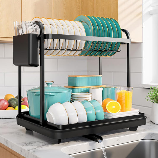 2-Tier Dish Drying Rack - Stainless Steel Dish Rack with Cutlery & Utensil Holders for Kitchen Counter, Sink Organization and Storage for Small Family, 15" W x 11.4" L x 15" H, Black