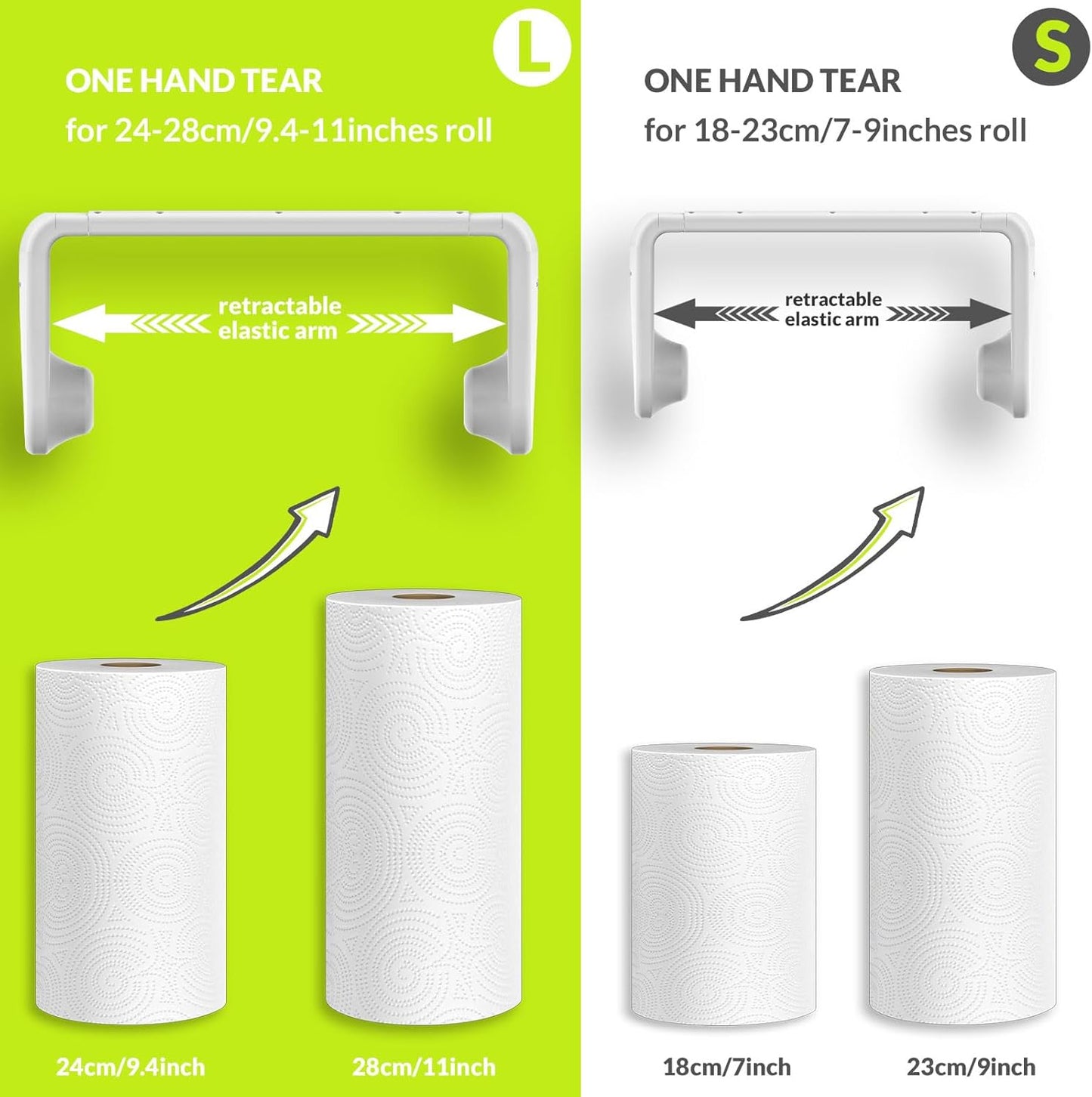 Paper Towel Holder Under Cabinet or Wall Mount ONE Hand Operation Tension Arm Kitchen Roll Holder (White, for 24-28cm/9.4-11inches roll)