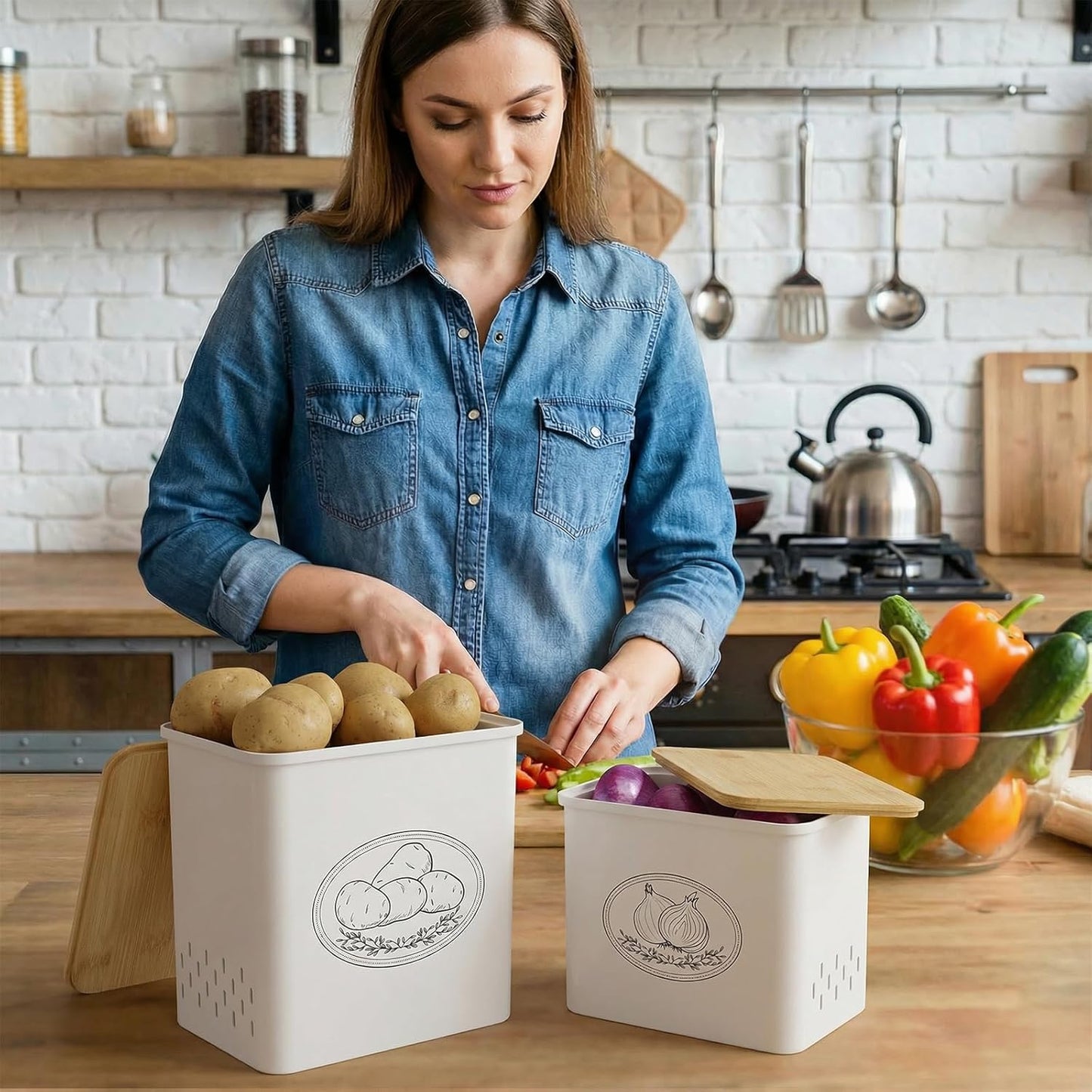 Potato and Onion Storage Bin, Stackable Garlic Keeper with Aerating Holes and Lid