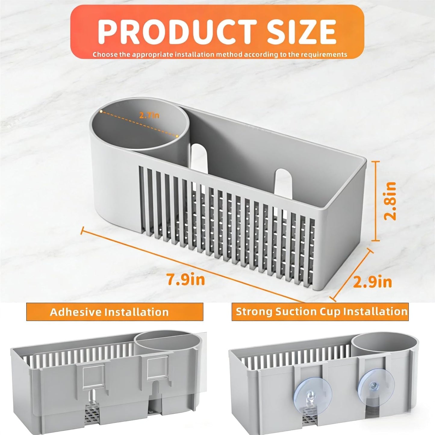Inside Sink Sponge Holder,Grey Rustproof Sink Caddy and Scrub Holder for Kitchen Sink with Suction Cup,Adhesive,Plastic Dish Sink Organizer for Scrub Brush,Scrubber,Dish Sponge,Spinge Holder