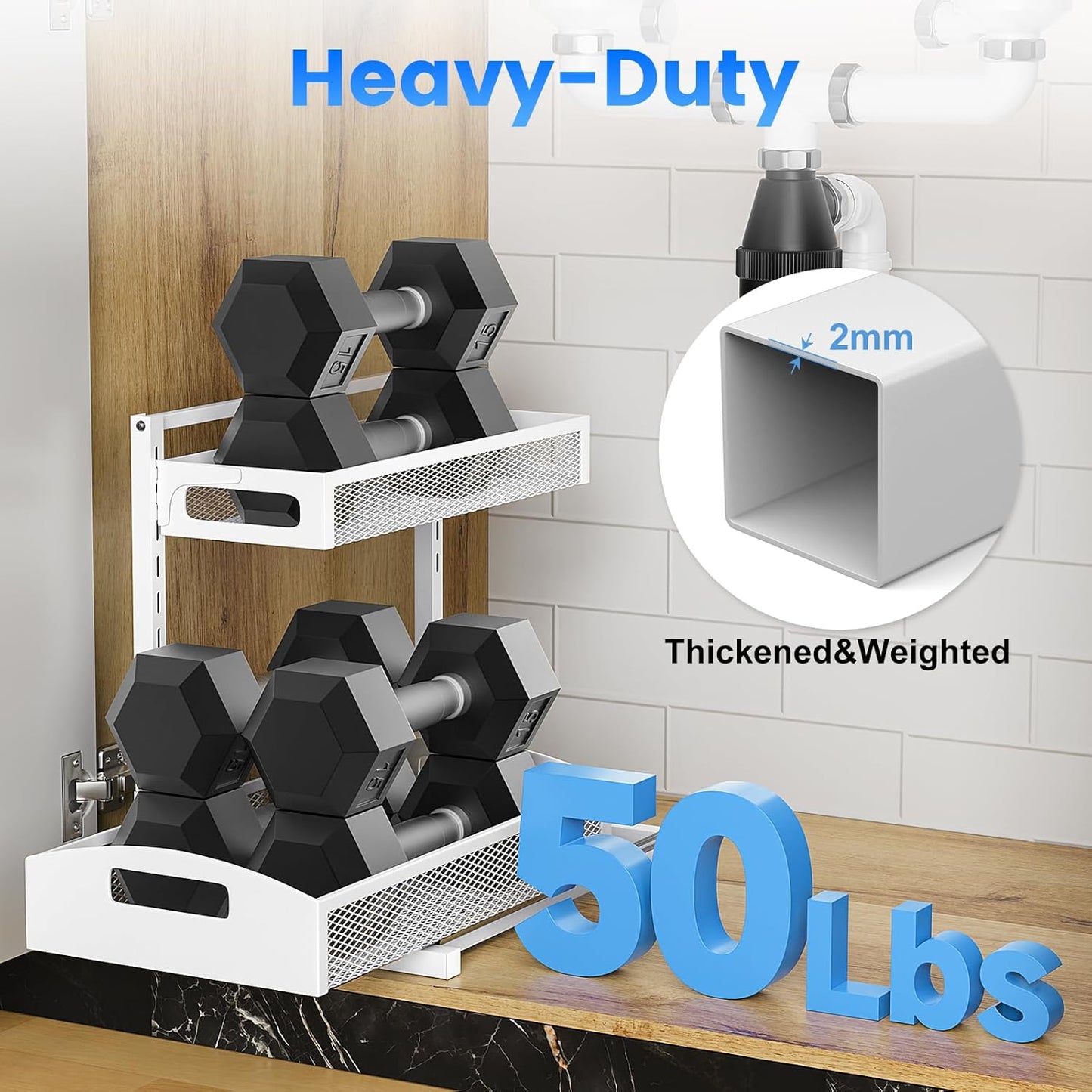 Metal Under Sink Organizer, Pull Out Cabinet Organizer Rack with Silk-Smooth Bottom Drawer
