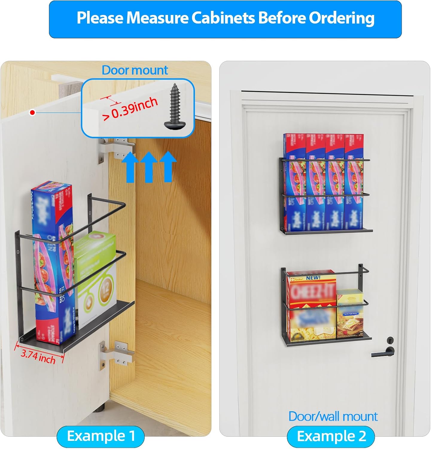 Kitchen Wrap Organizer Door Mount, Aluminum Foil Holder Cabinet Door Organizer Cabinet Storage Basket for Kitchen Wrap/Food Bag Storage, Black