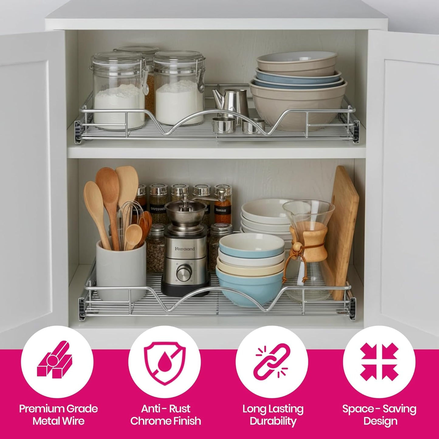 Pull Out Cabinet Organizer, Heavy Duty Caddy w/Lifetime Limited Warranty -14”W x 21”D