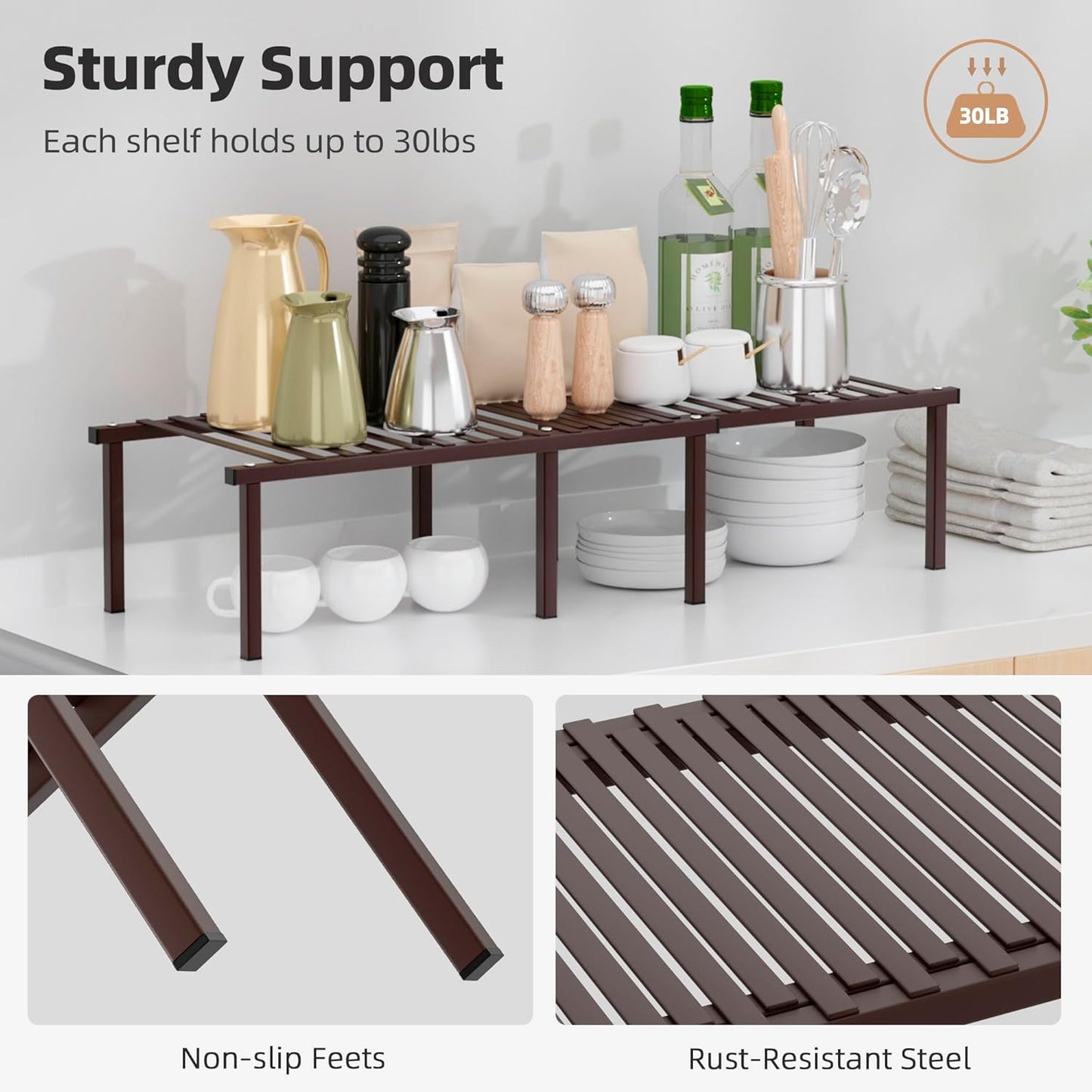 Set of 4 Expandable Kitchen Cabinet Organizer Shelf Kitchen Counter Shelves Spice Rack Kitchens Storage Wire Shelf Adjustable Metal Pantry Storage for Plate Dish, Brown