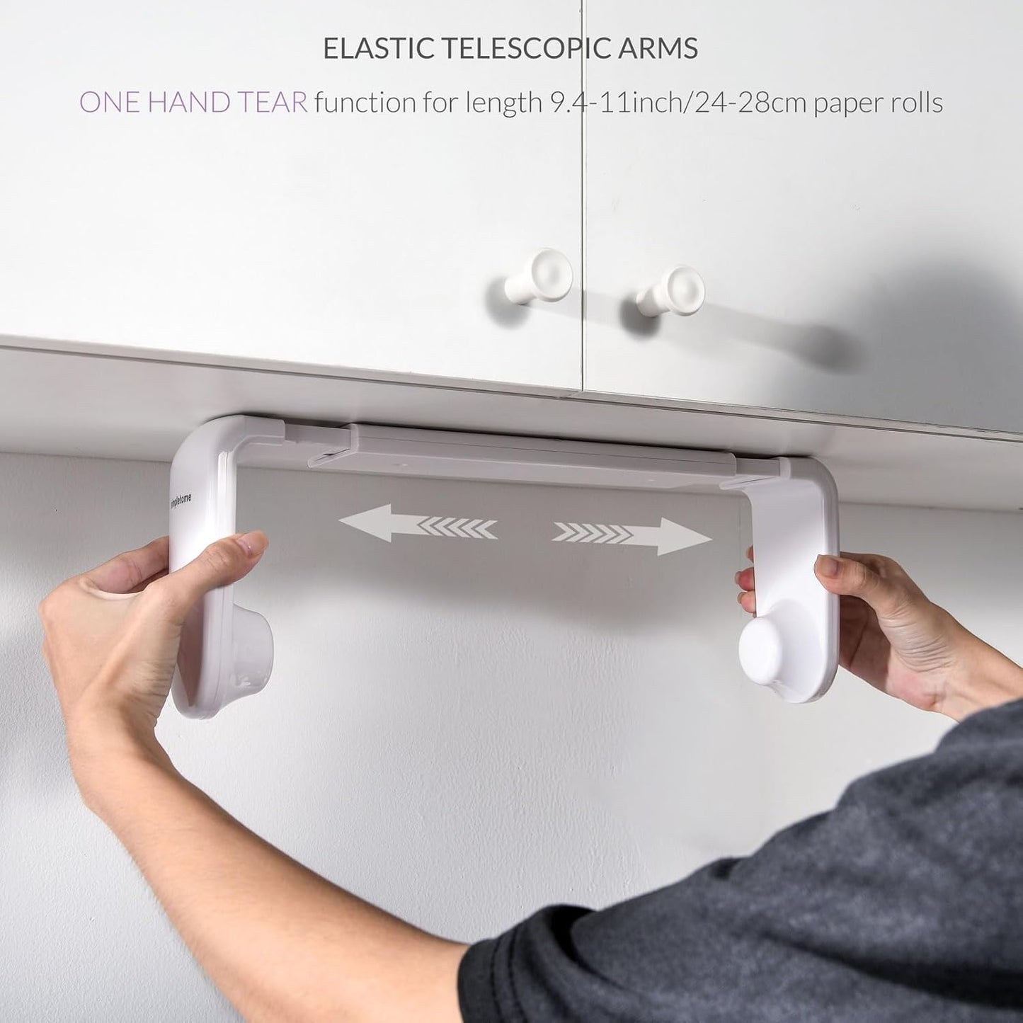 Paper Towel Holder ONE Hand Tear Adaptive Tension Arm Adjustable Length 9.4-11inch/24-28cm (White)