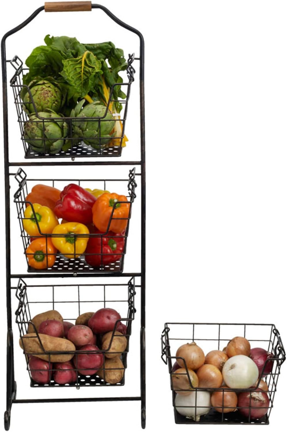 Mikasa Gourmet Basics Ferme 4-Tier Market Basket - Antique Black Wire and Acacia Wood Handle