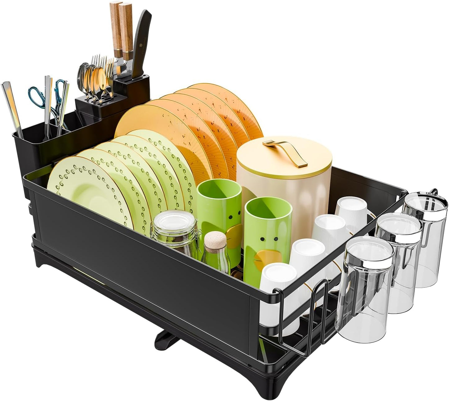 Dish Drying Rack, Dish Drainer for Kitchen Counter, Dish Rack with Tray for Large Capacity, Black