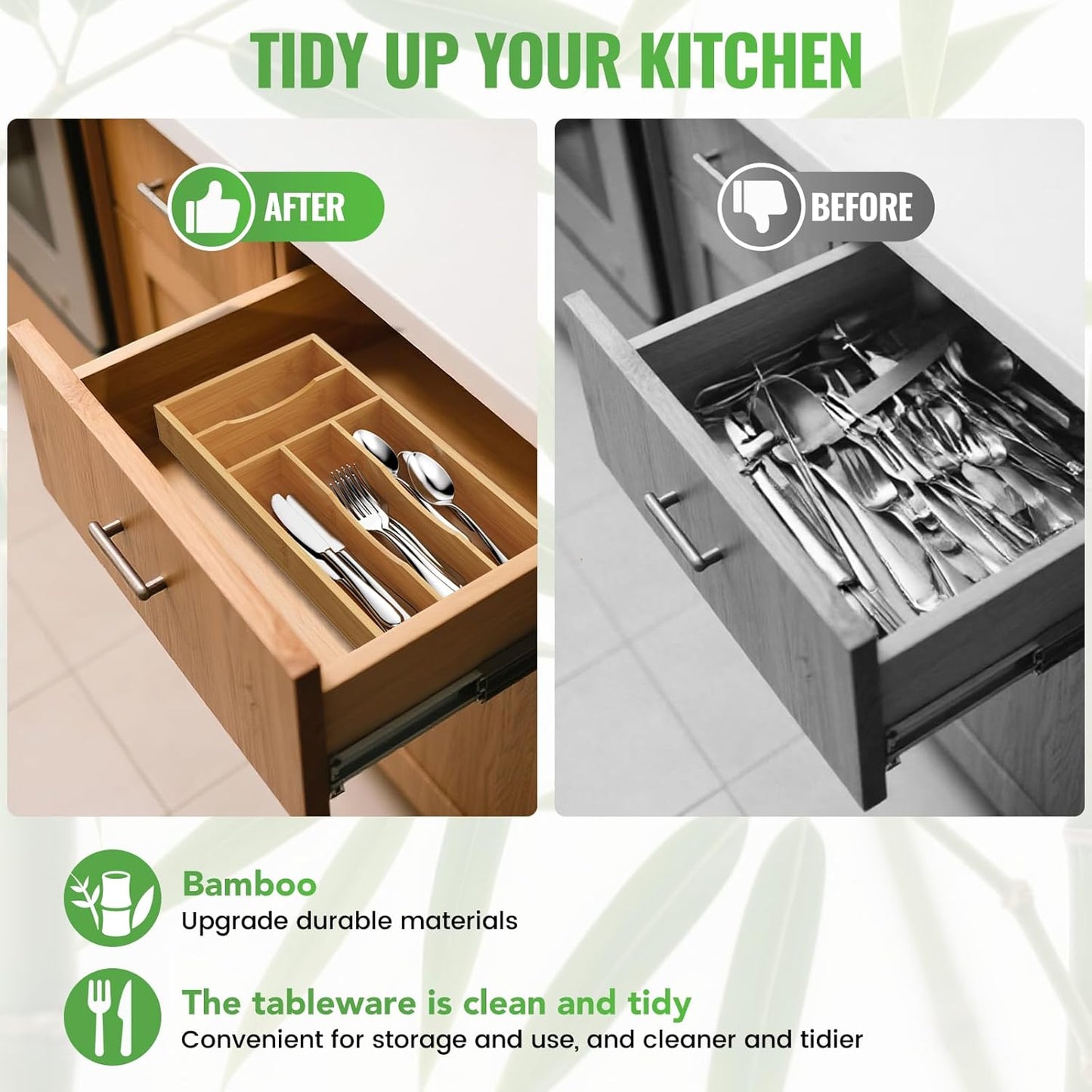 Small Silverware Organizer, Bamboo Kitchen Drawer Cutlery Organizer, Utensil Holder