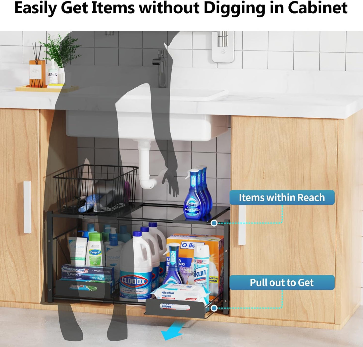 Extendable Under Sink Organizer - 2 Tier Expandable Under Cabinet Organizer Shelf with Height Adjustable Add Extra Space and Easy Access for 22" to 32" Wide Sink Cabinet, Black
