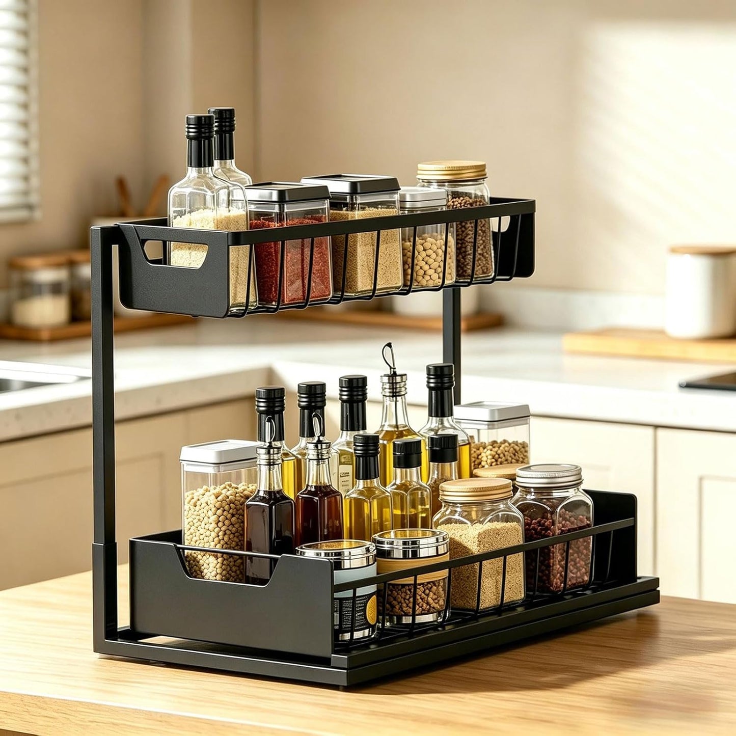 Under Kitchen Sink Organizers and Storage Pull Out 2 Tier Metal Bathroom Cabinet Organizer (Black