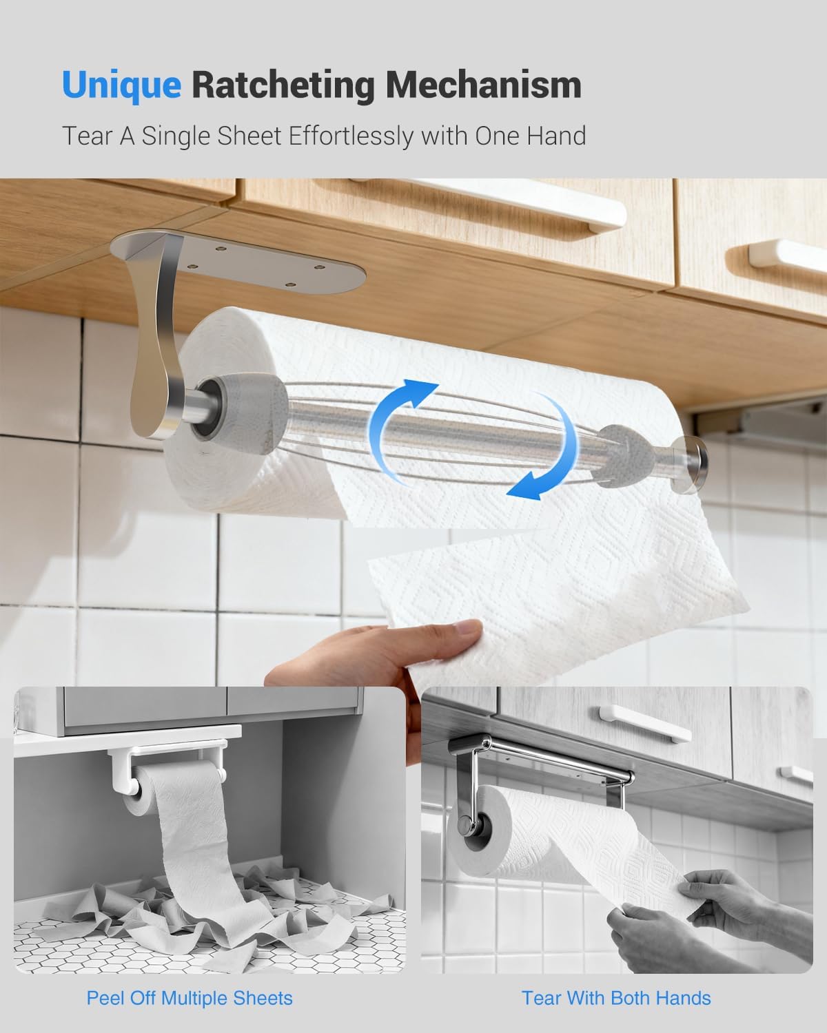 Paper Towel Holder Under Cabinet, One-Handed Tear, Wall Mount, Adhesive, Silver