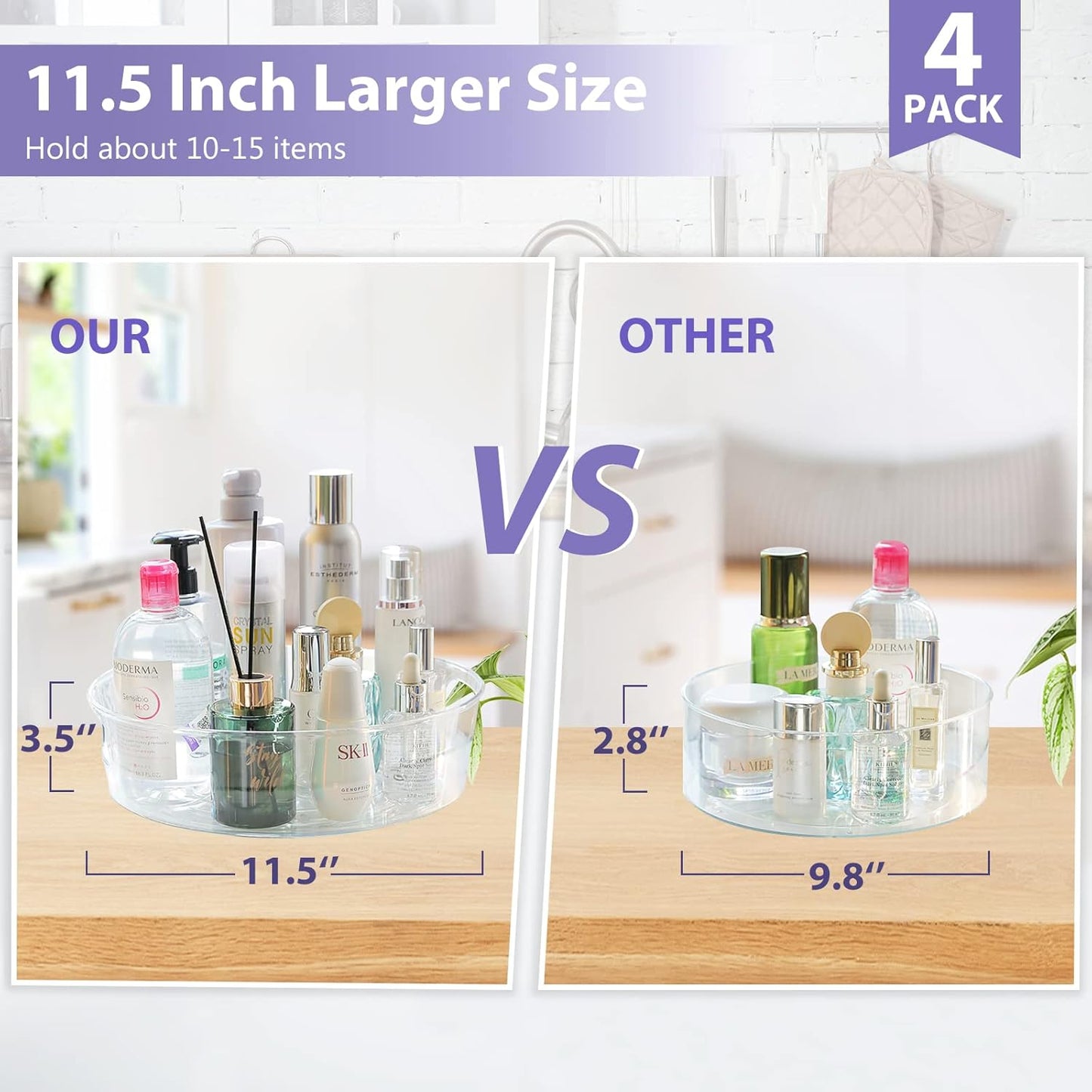 4 Pack Lazy Susan Organizer for Cabinet, Upgraded 11.5" Clear Turntable Organizer with Handles and Raised Edge, Lazy Susan for Table Top, Pantry Organizers and Storage for Kitchen, Refrigerator