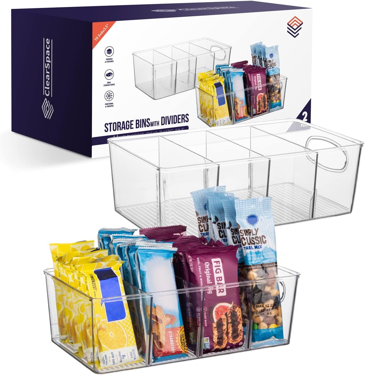 Plastic Pantry Organization and Storage Bins with Removable Dividers – Perfect Kitchen Organization or Kitchen Storage – Refrigerator Organizer Bins, Cabinet Organizers (2 Pack)