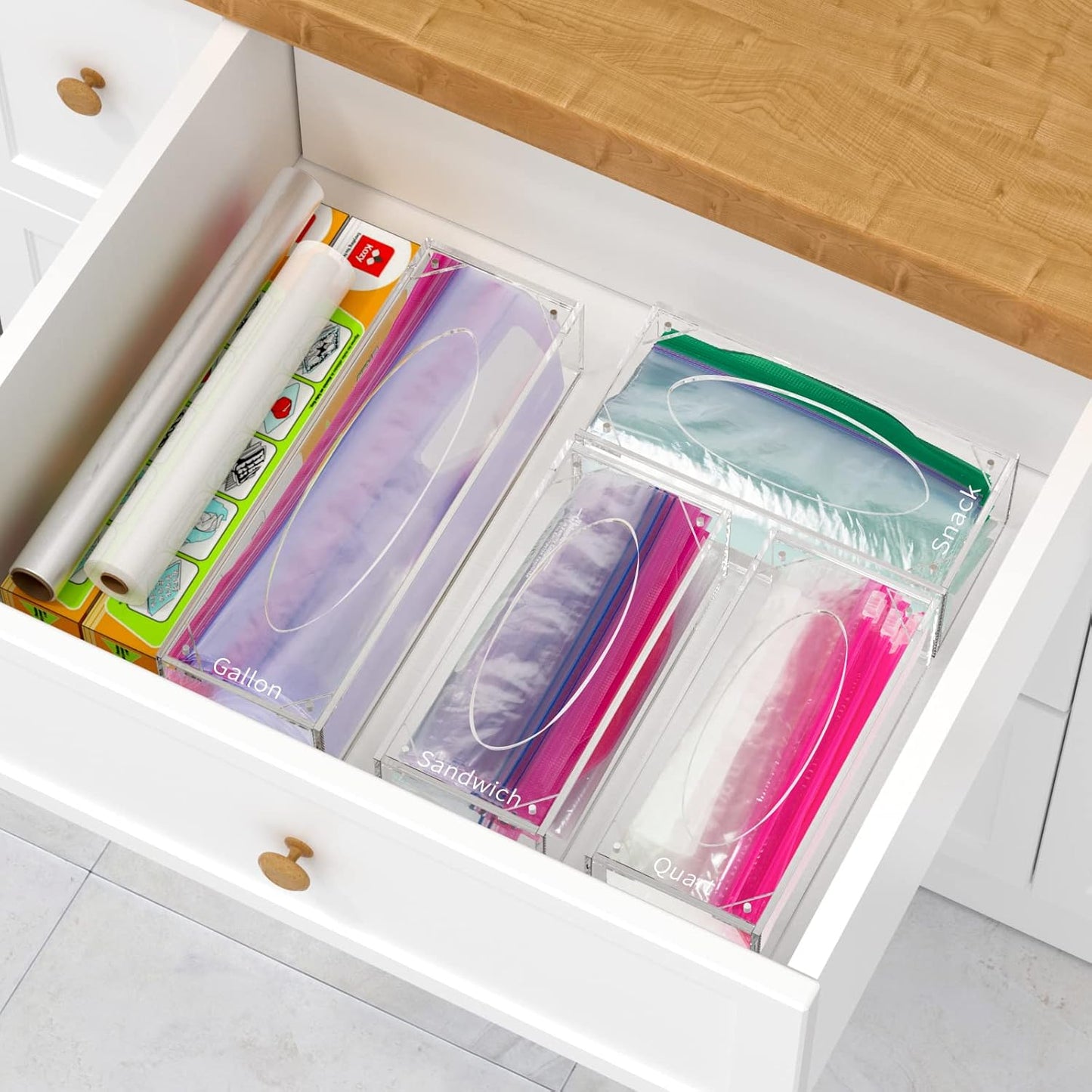 Food Bag Storage Organizer, Acrylic Kitchen Drawer Baggie Box, Compatible with Gallon