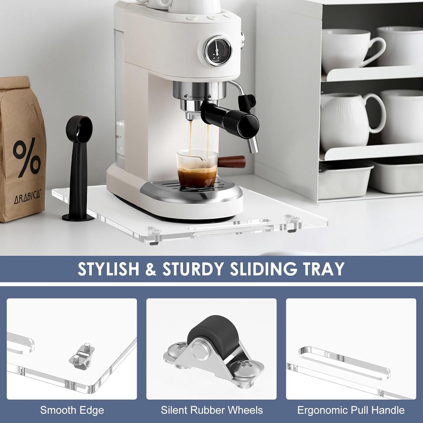 Sliding Tray for Coffee Maker, 9.8" x 14" Acrylic Appliance Sliders with Rubber Wheels, Coffee Pot Slider Tray for Countertop Moving, Stand Mixer, Toaster & Heavy Kitchen Appliances (Clear)