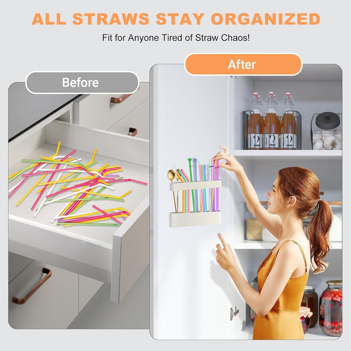 9.6'' Large Straw Holder for Cabinet Door, Soft Silicone Straw Organizer Storage Container