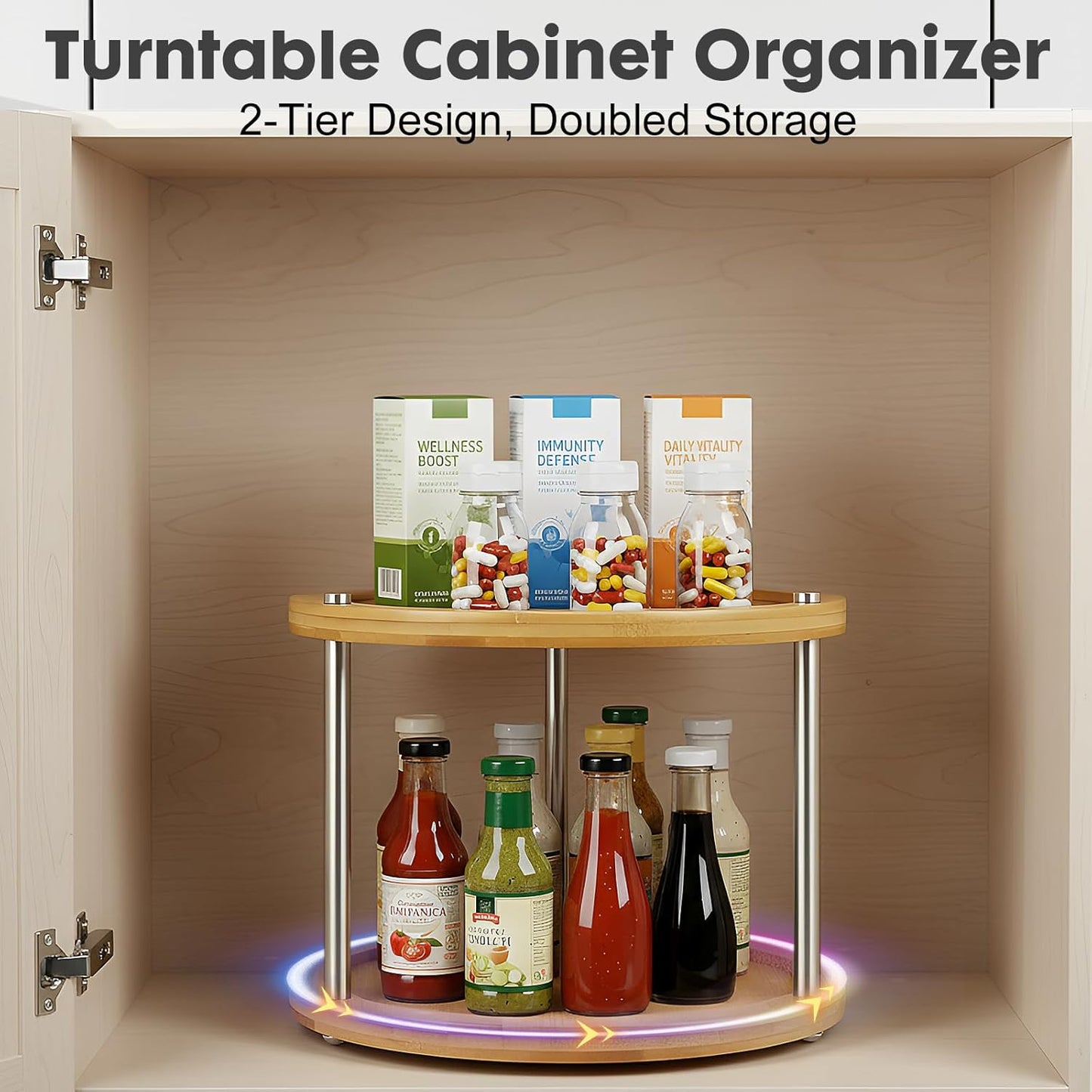 2 Tier Lazy Susan Organizer,Revolving Spice Rack,10 inch Wood Lazy Susan Turntable for Cabinet