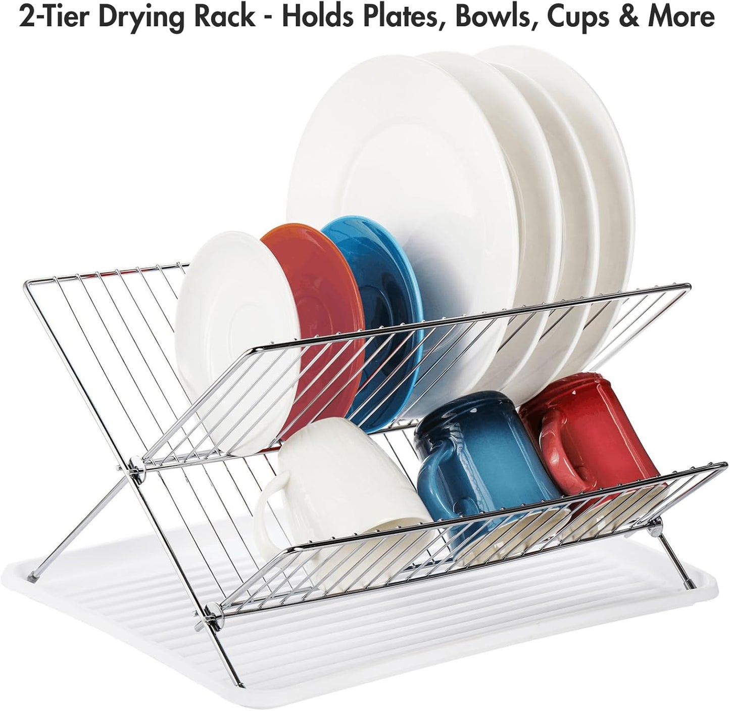 Foldable Dish Drying Rack with Drip Tray, Stainless Steel 2 Tier Dish Drainer Rack