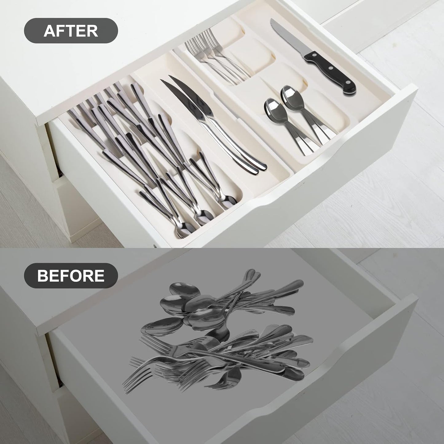 Kitchen Drawer Organizer Tray,Expandable Cutlery Silverware Organizer Storage Tray for Kitchen Drawer Flatware Spoons Forks,Creamy White