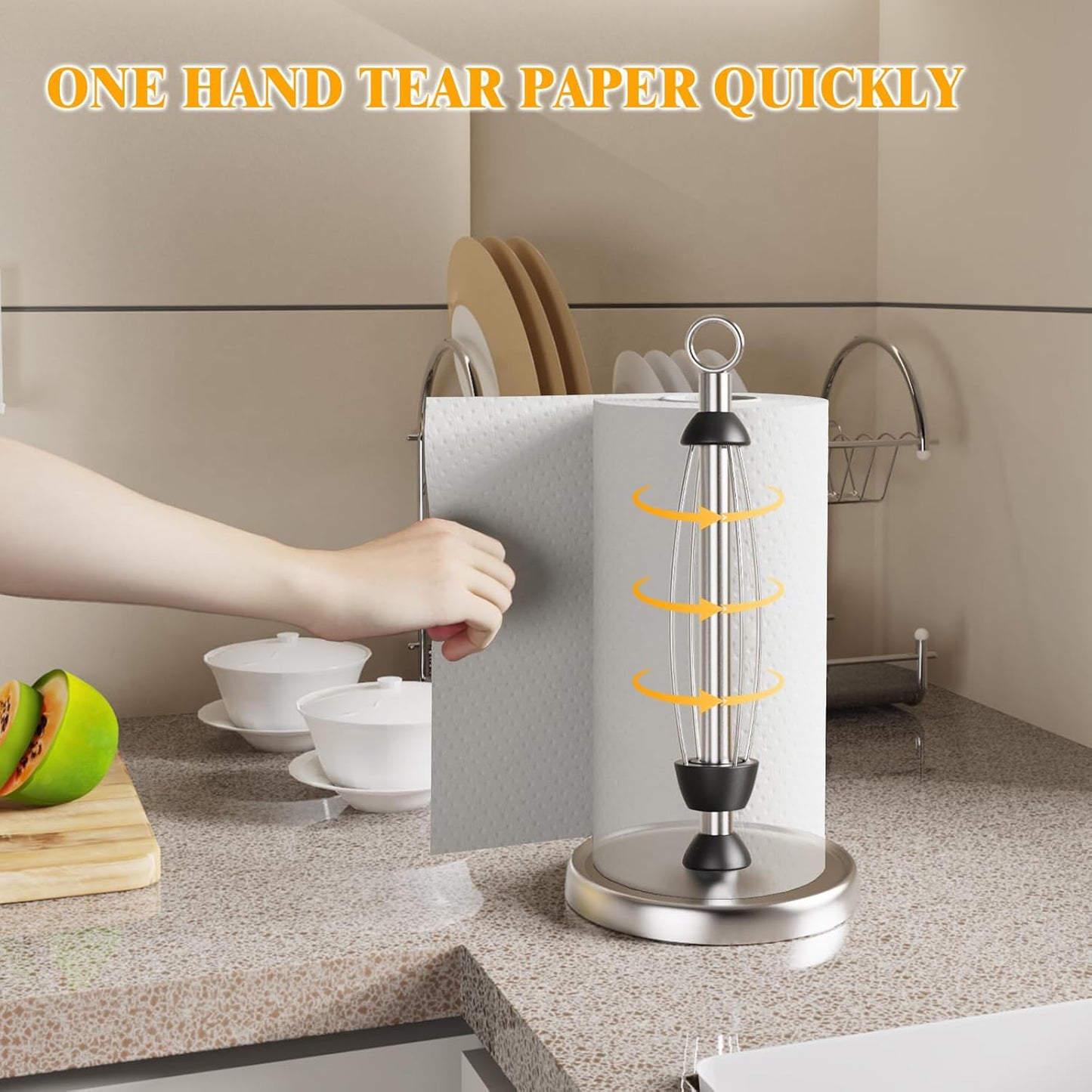 Paper Towel Holder Countertop, One-Handed Tear, Stainless Steel, Weighted Base, Silver
