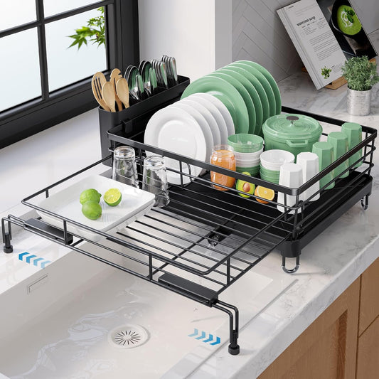 Extendable Dish Drying Rack - Rust-Resistant Dish Racks for Kitchen Counter with Adjustable Support Legs, Cutlery Holder & Removable Draining Tray (Black, 15.6''-25.2''L × 16.9''W × 8.1''H)