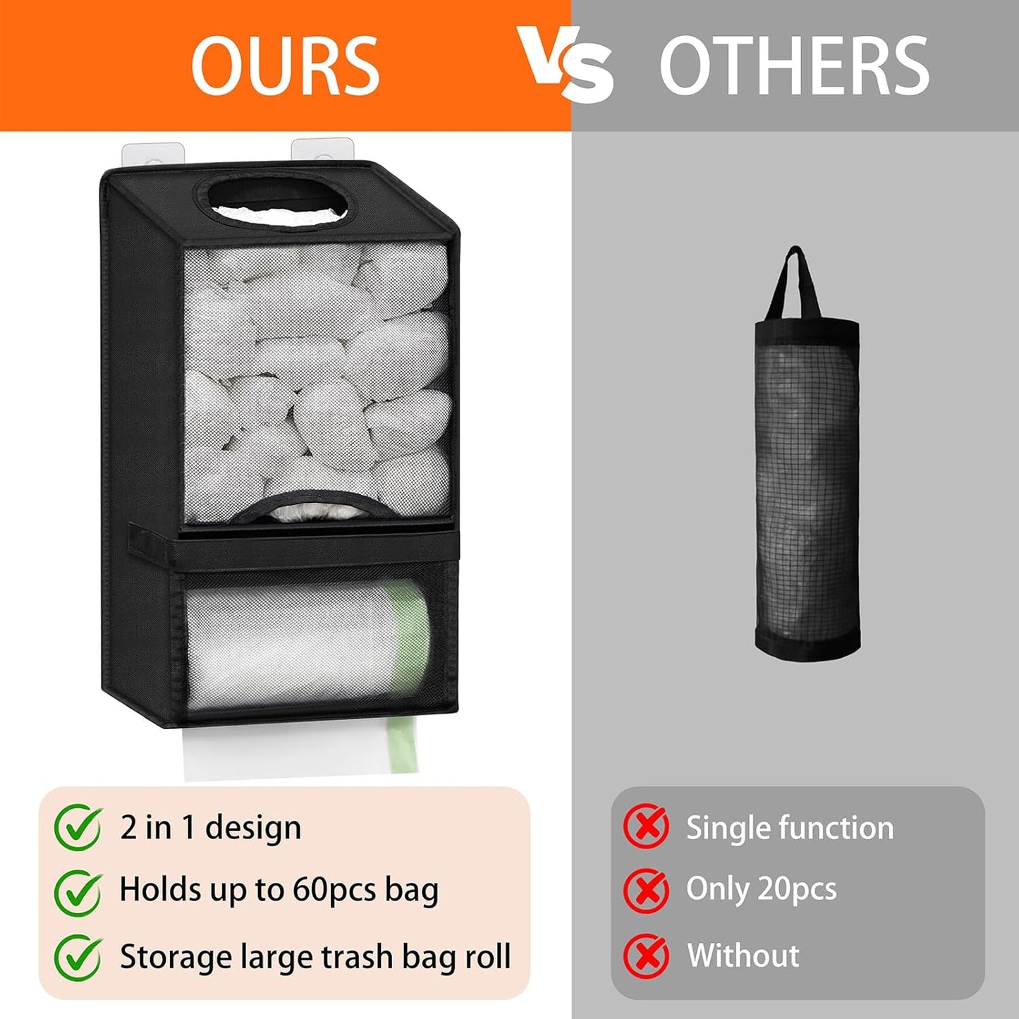 Plastic Bag Holder for Grocery Bags - Large Wall Mount Grocery Bag Holder with Dispenser for Kitchen, Oxford Cloth 2-in-1 Space-saving Plastic Bags Organizer, Black