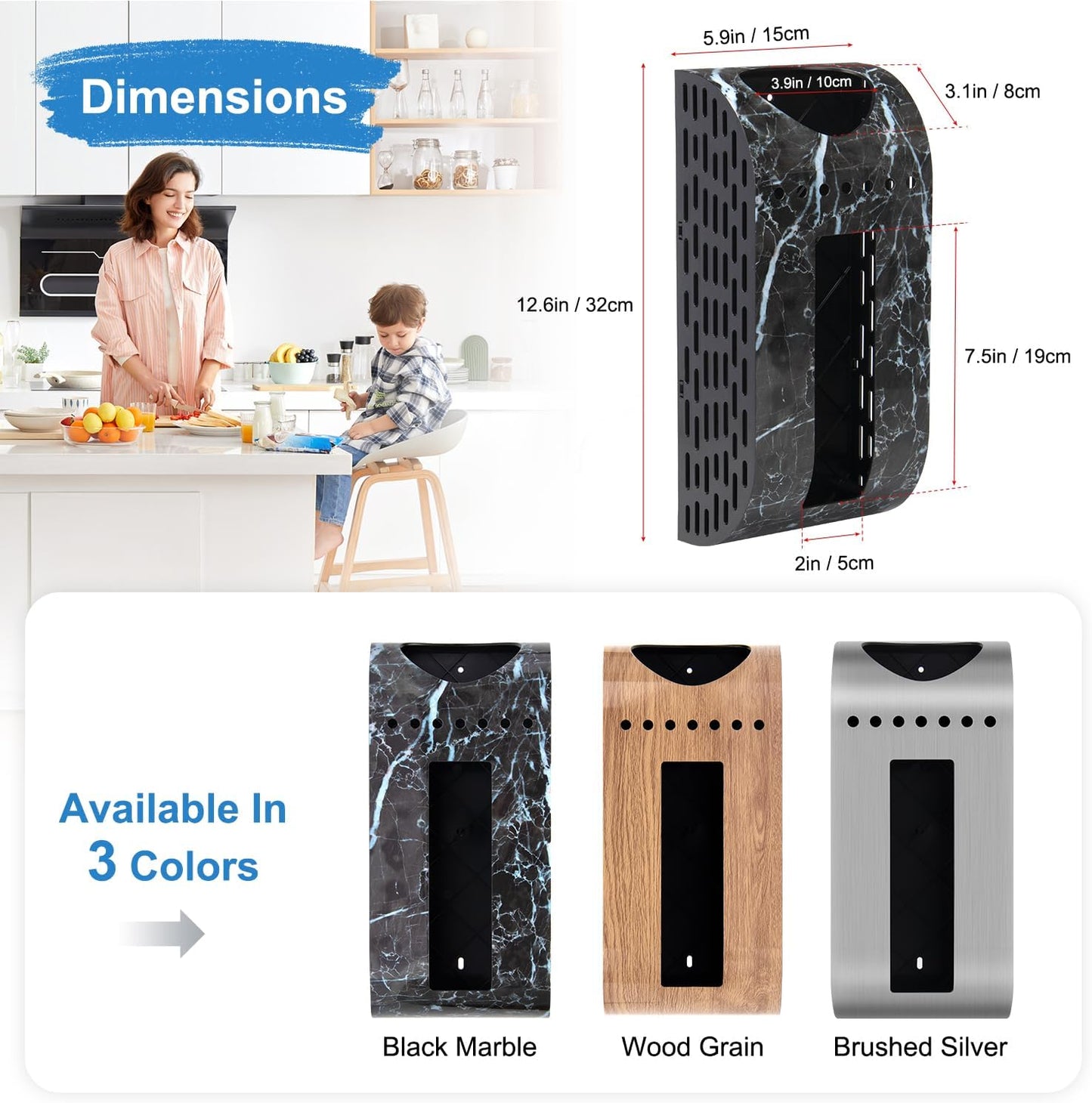 Plastic Bag Holder Black Marble-Look Wall Mount Grocery Bag Holder for Plastic Bags