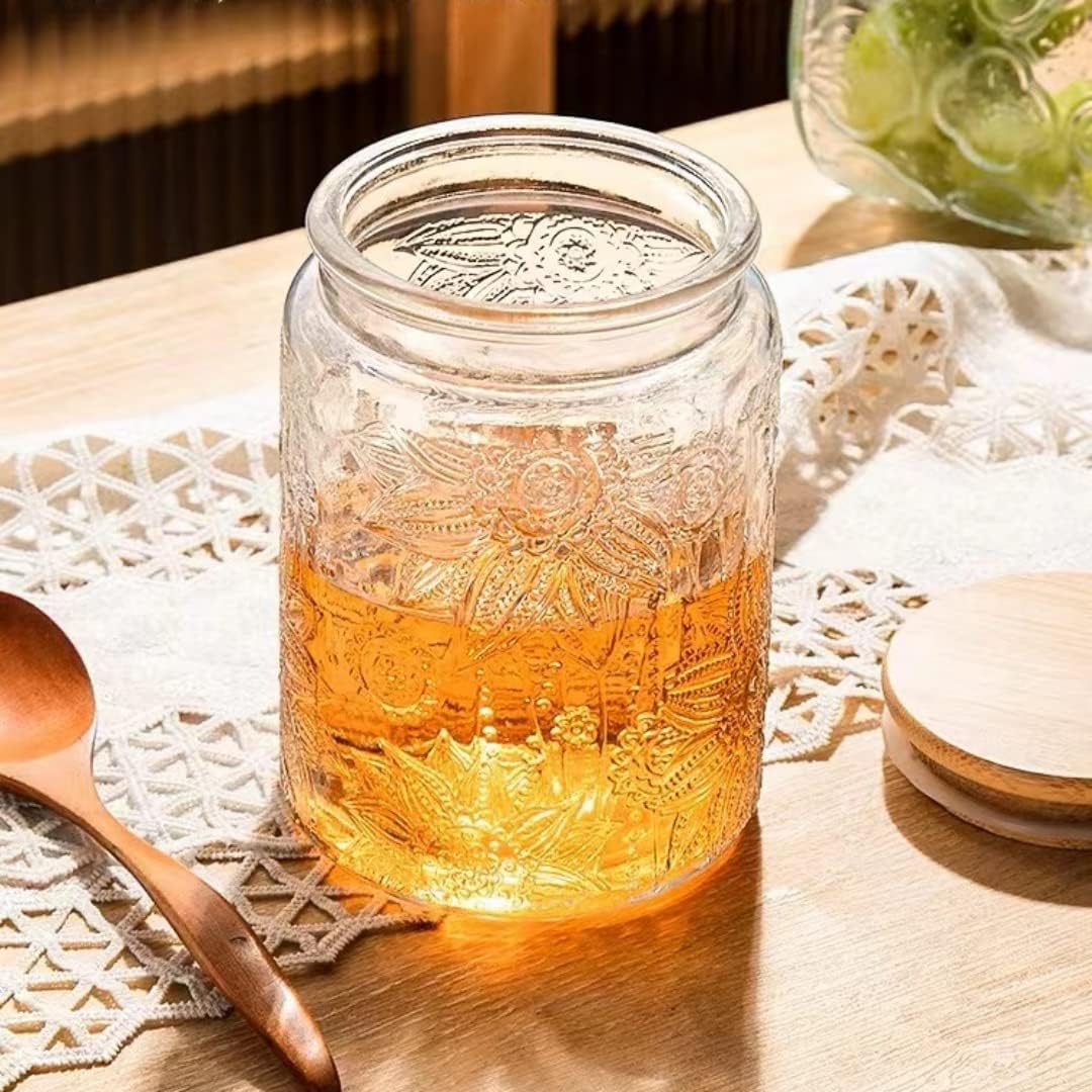 Vintage Glass Jars Set Canister Airtight Storage Jar Container with Bamboo Wooden Lids for Kitchen Counter, Pantry, Coffee, Tea, Sugar, Cute Jar, 2 Pack 23.7 FL OZ (Begonia & Sunflower)