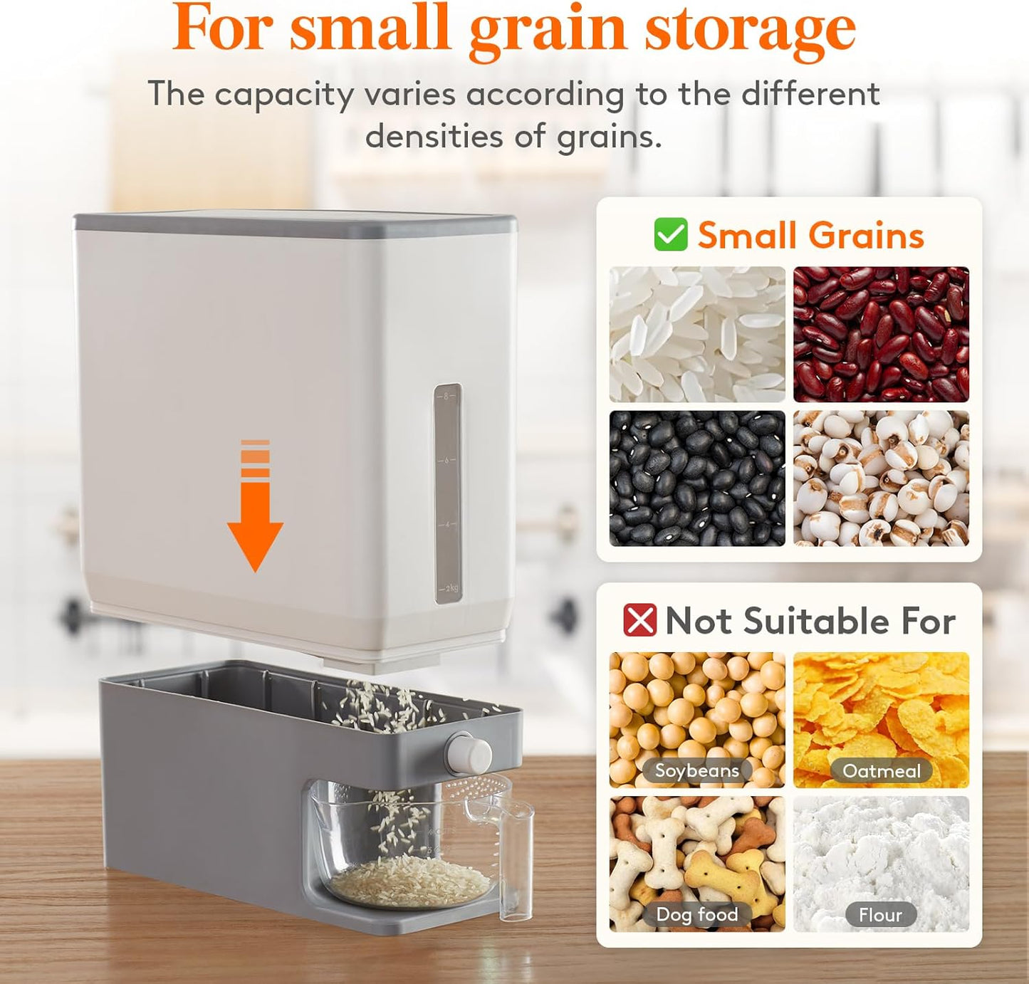 Rice Dispenser 25 Lbs(11.3kg), Rice Storage Container Sealed Moisture Proof with Measuring Cup for Kitchen Pantry Household, BPA-Free, 1 Pack Grey