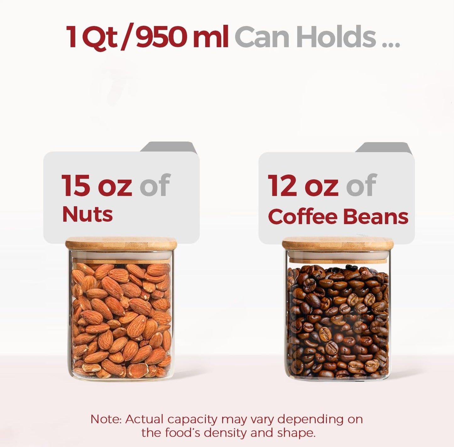 1Qt Airtight Glass Canisters with Bamboo Lid, Square Pantry Storage Containers for Coffee, Cookie
